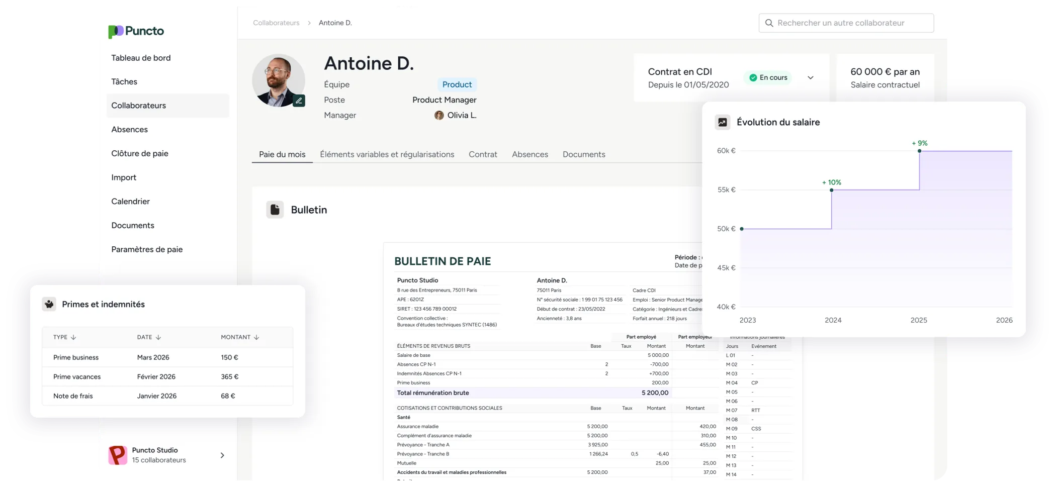 Logiciel de paie Puncto : fiche collaborateur et bulletin de paie